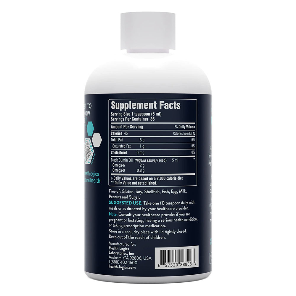 Close-up of Health Logics Black Cumin Seed Oil label showing cold pressed and hexane-free