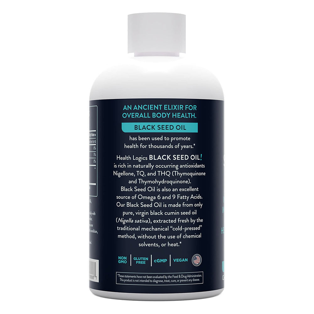 Health Logics Black Seed Oil bottle 6 oz, back label