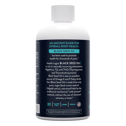 Health Logics Black Seed Oil bottle 6 oz, back label