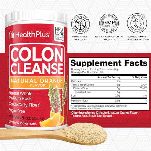 Close up of powder and scoop for Health Plus Colon Cleanse orange flavor