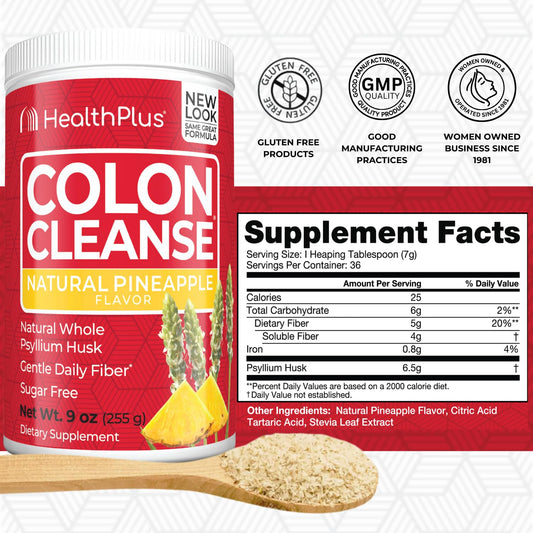 Close-up of Health Plus Colon Cleanse powder with pineapple flavor