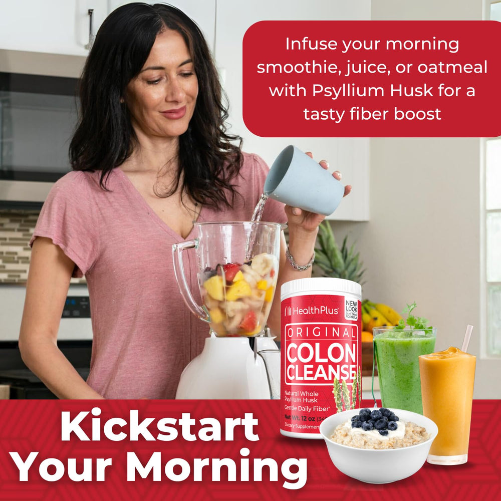 Lifestyle image featuring Health Plus Colon Cleanse bottle and a healthy setting