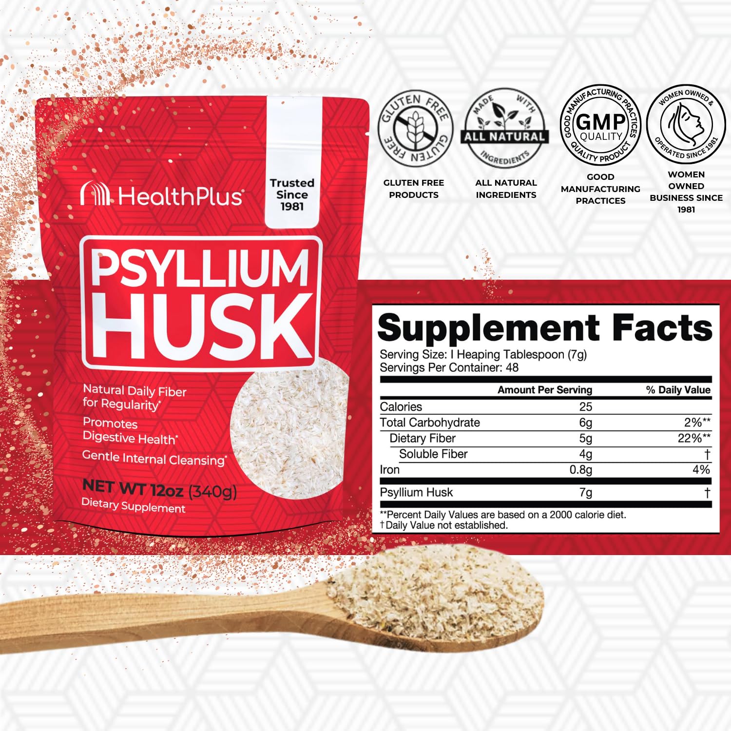 Back view showing supplement facts on Health Plus Psyllium Husk 12 oz