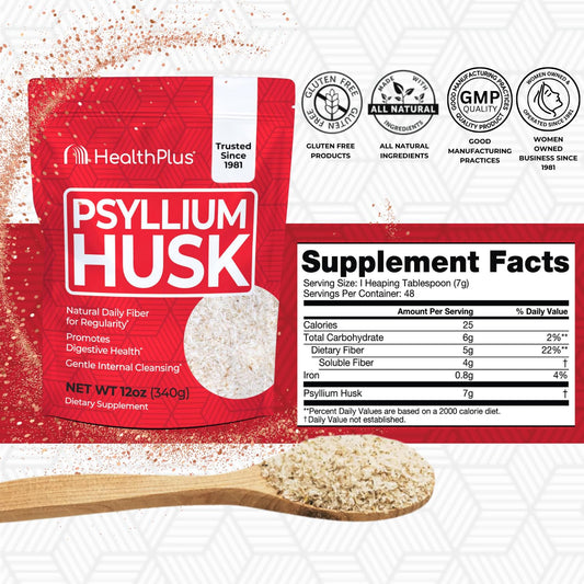 Back view showing supplement facts on Health Plus Psyllium Husk 12 oz
