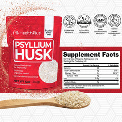 Back view showing supplement facts on Health Plus Psyllium Husk 12 oz