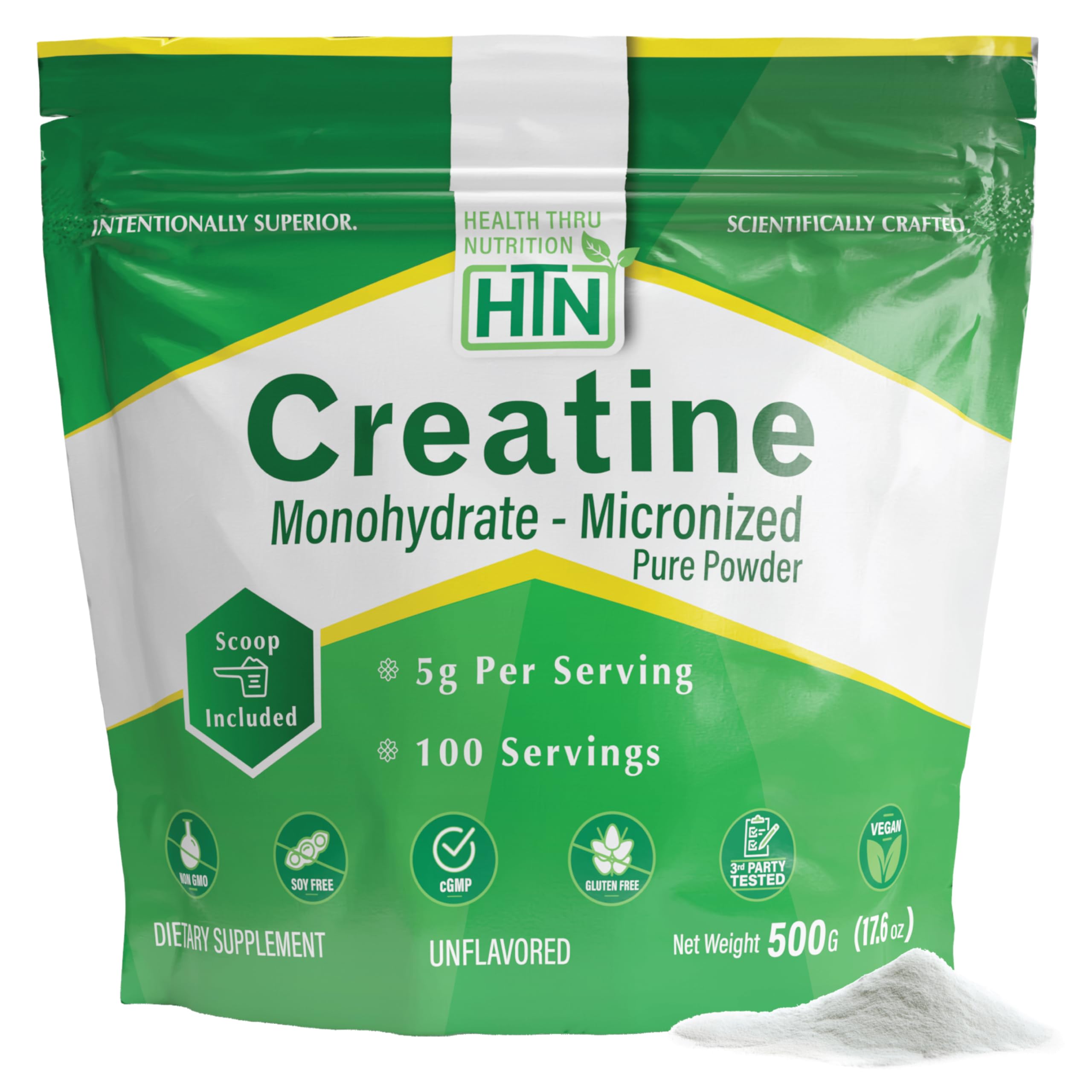 Health Thru Nutrition Creatine Monohydrate Micronized 500g tub front view