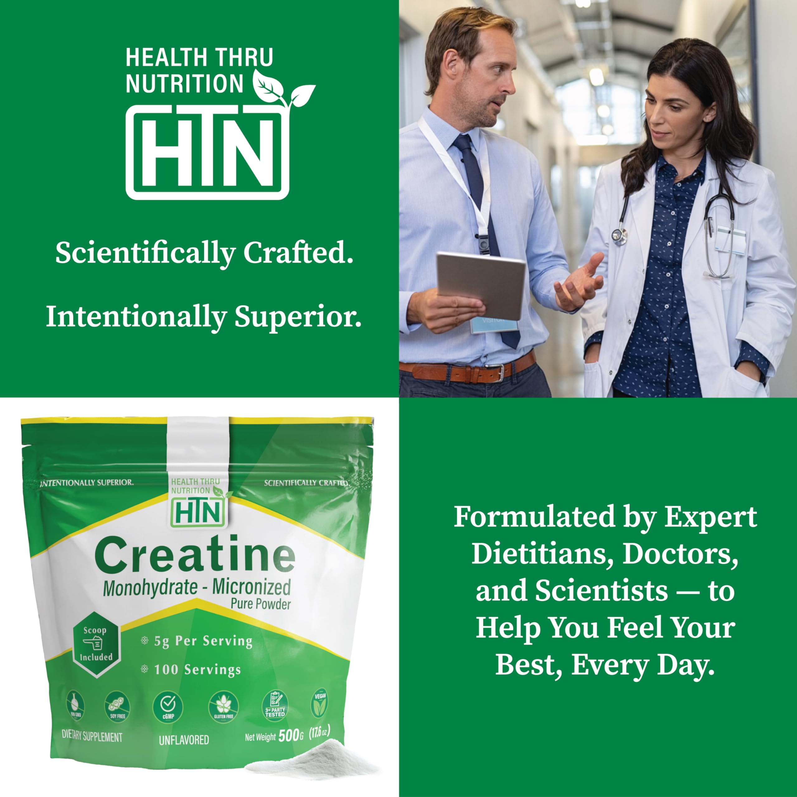Health Thru Nutrition logo with 500g creatine powder