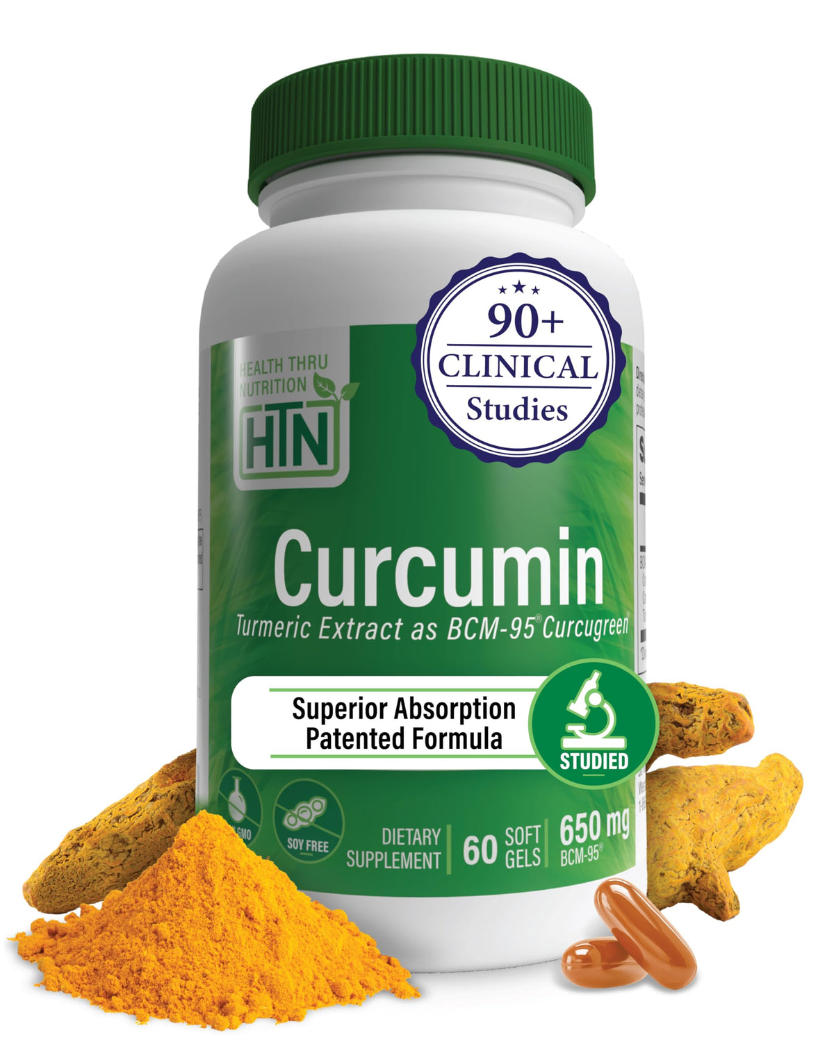 Bottle of Health Thru Nutrition Curcumin 650mg BCM-95 Curcugreen with label