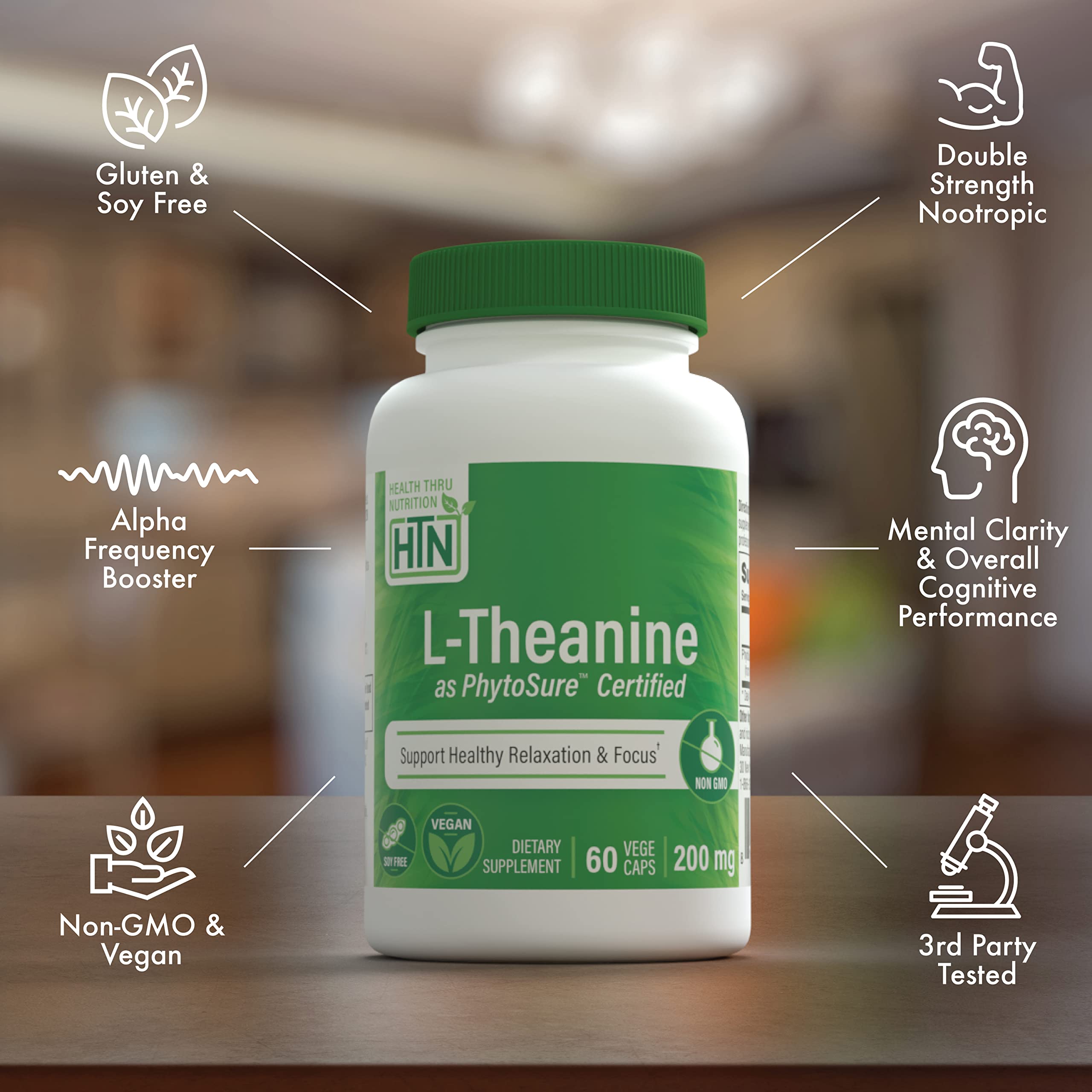 Third-party testing seal on HTN L-Theanine packaging