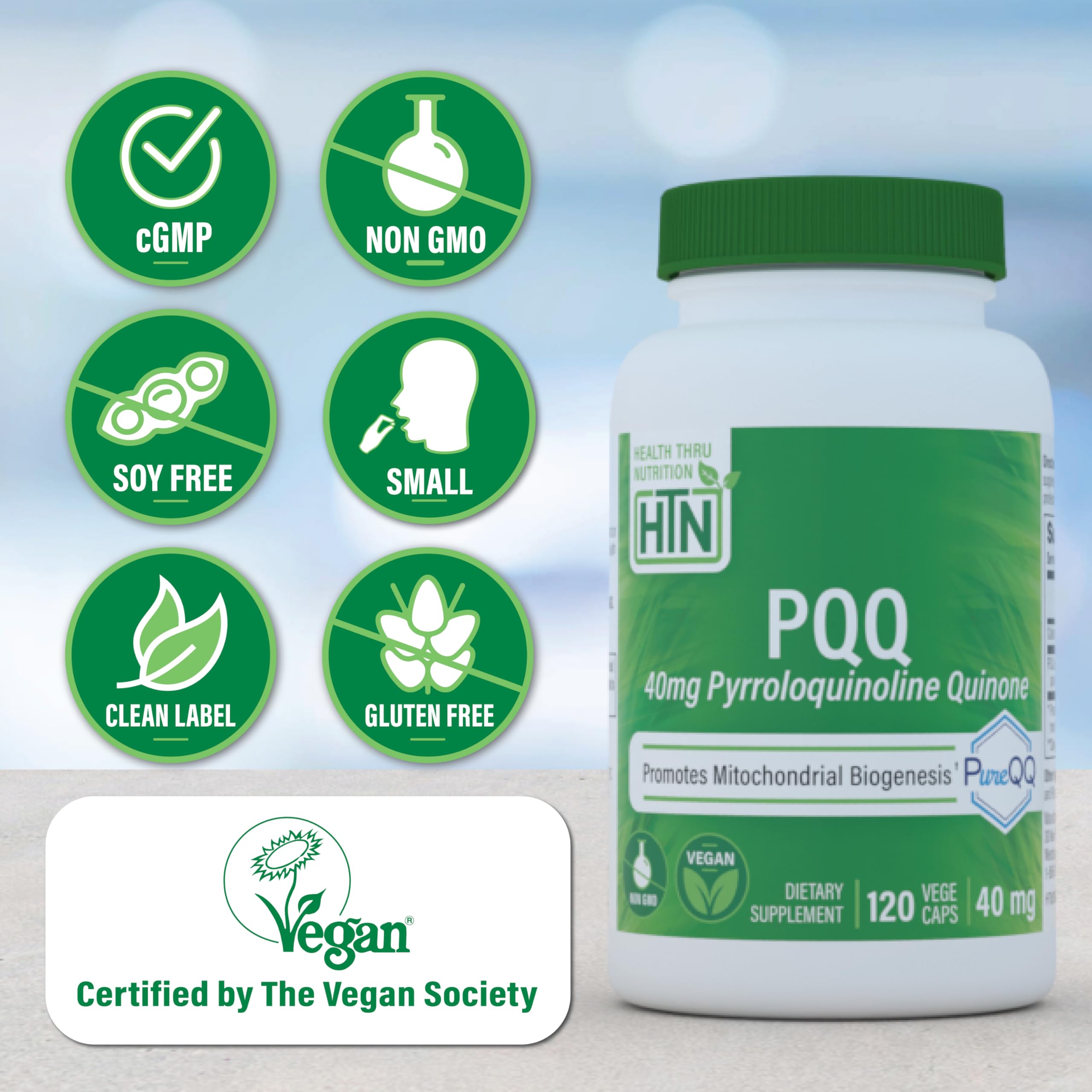 Close-up of Health Thru Nutrition PureQQ PQQ 40mg capsules