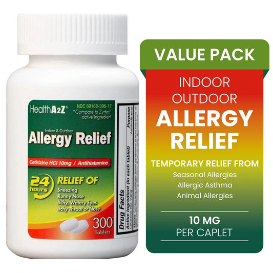 HealthA2Z Allergy Relief 10mg bottle front view for indoor and outdoor relief