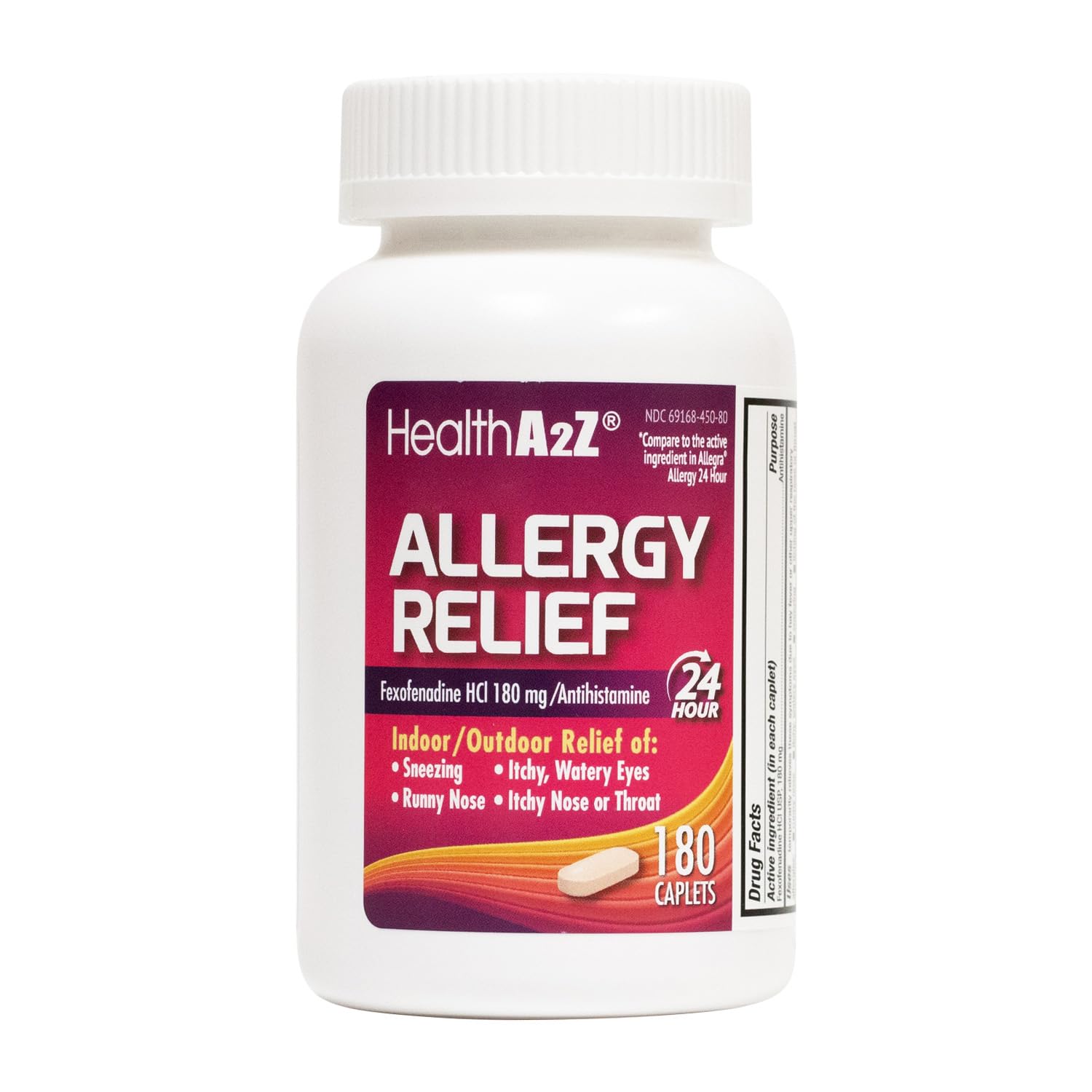 HealthA2Z Allergy Relief bottle front view with 180-count caplets for all-day relief