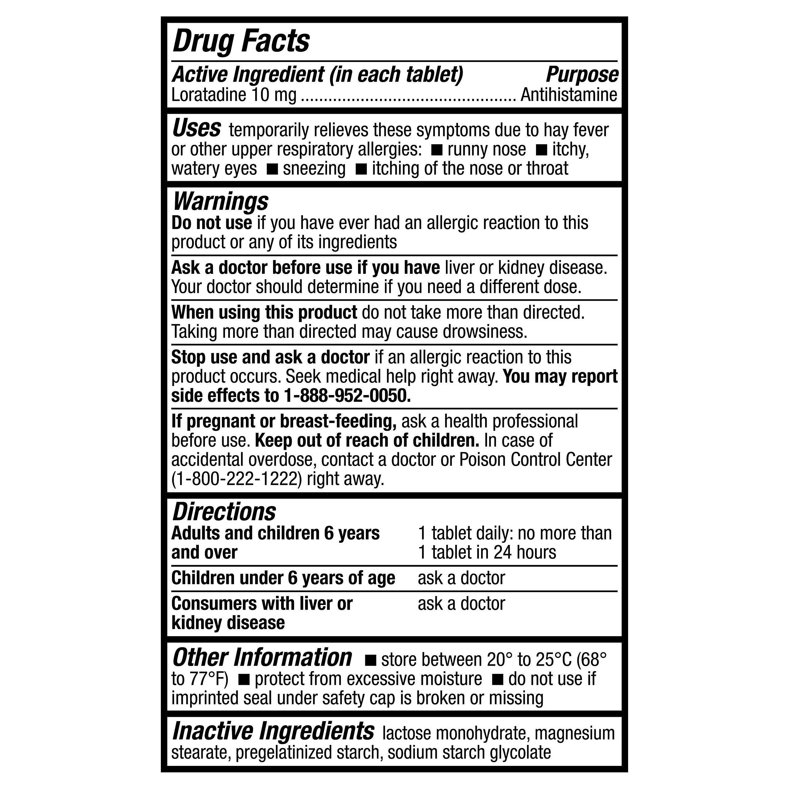 HealthA2Z Allergy Relief bottle back label with dosing information