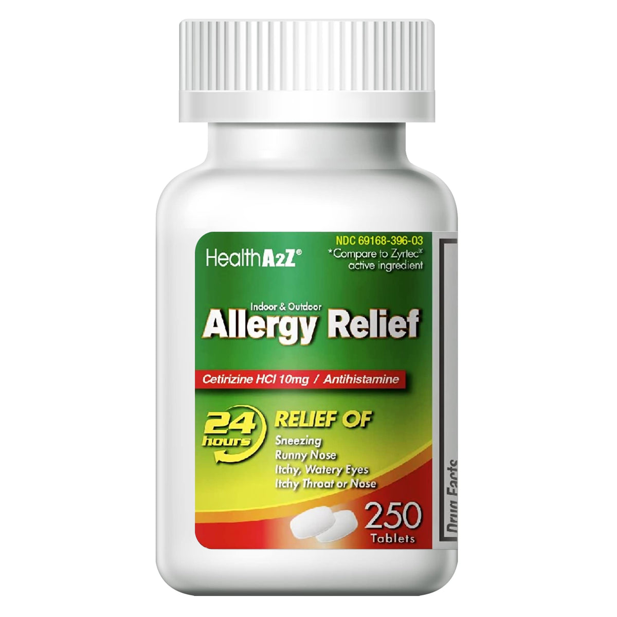 HealthA2Z Allergy Relief cetirizine 10mg tablet close-up for indoor and outdoor relief