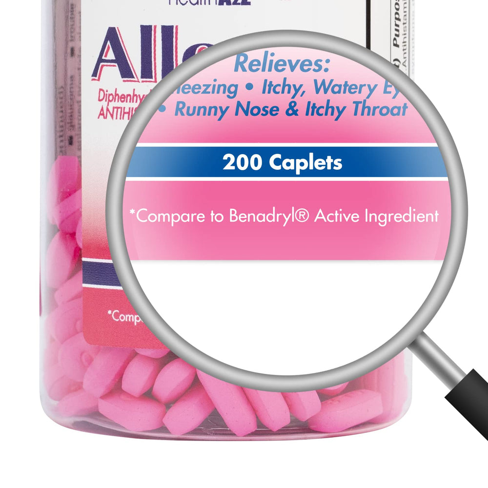 HealthA2Z Allergy Relief label close-up highlighting diphenhydramine 25 mg per tablet