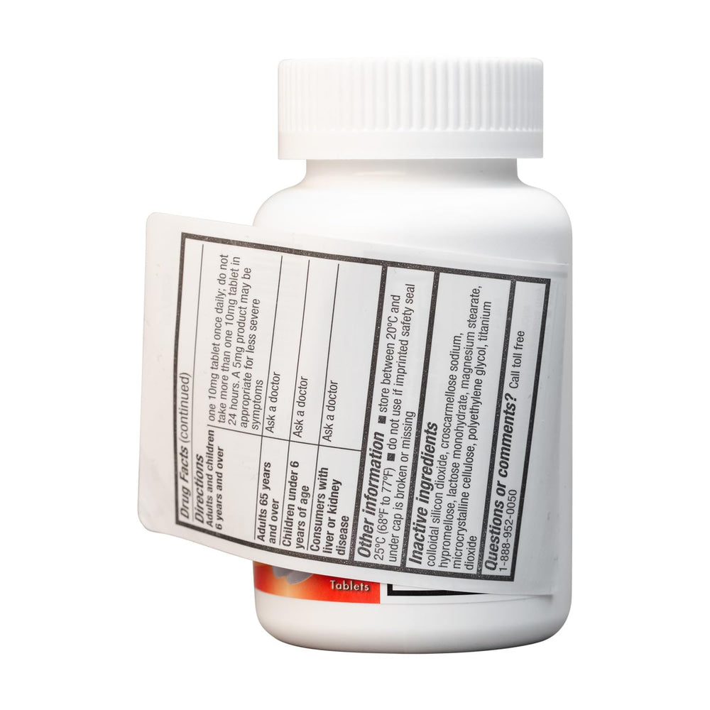 HealthA2Z Allergy Relief label closeup emphasizes dosing directions and per-pack information