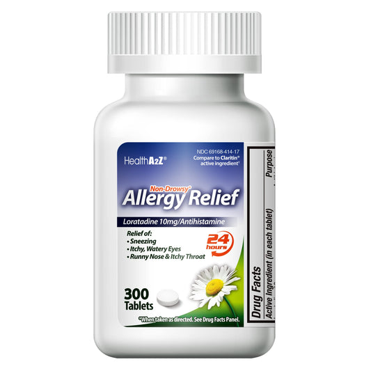 HealthA2Z Allergy Relief 300-count tablets for all-day relief potential