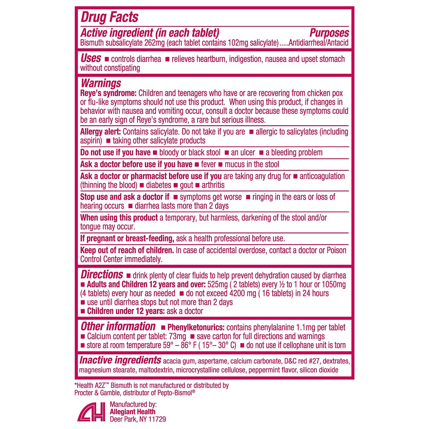 HealthA2Z Bismuth 262mg dosage label indicates chewable relief