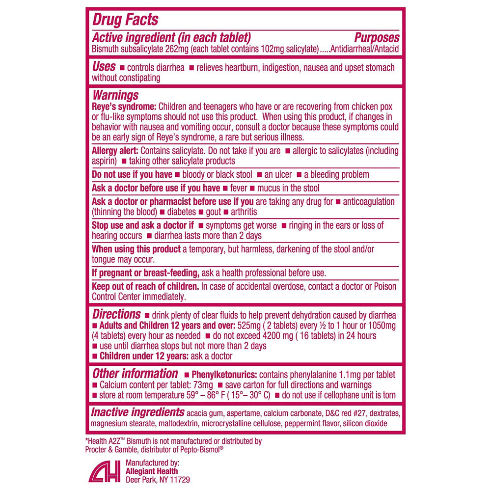 HealthA2Z Bismuth 262mg dosage label indicates chewable relief