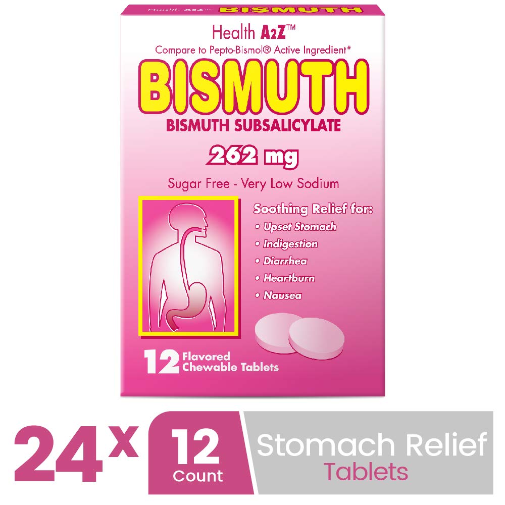 HealthA2Z Bismuth packaging illustrates diarrhea and heartburn relief scenarios