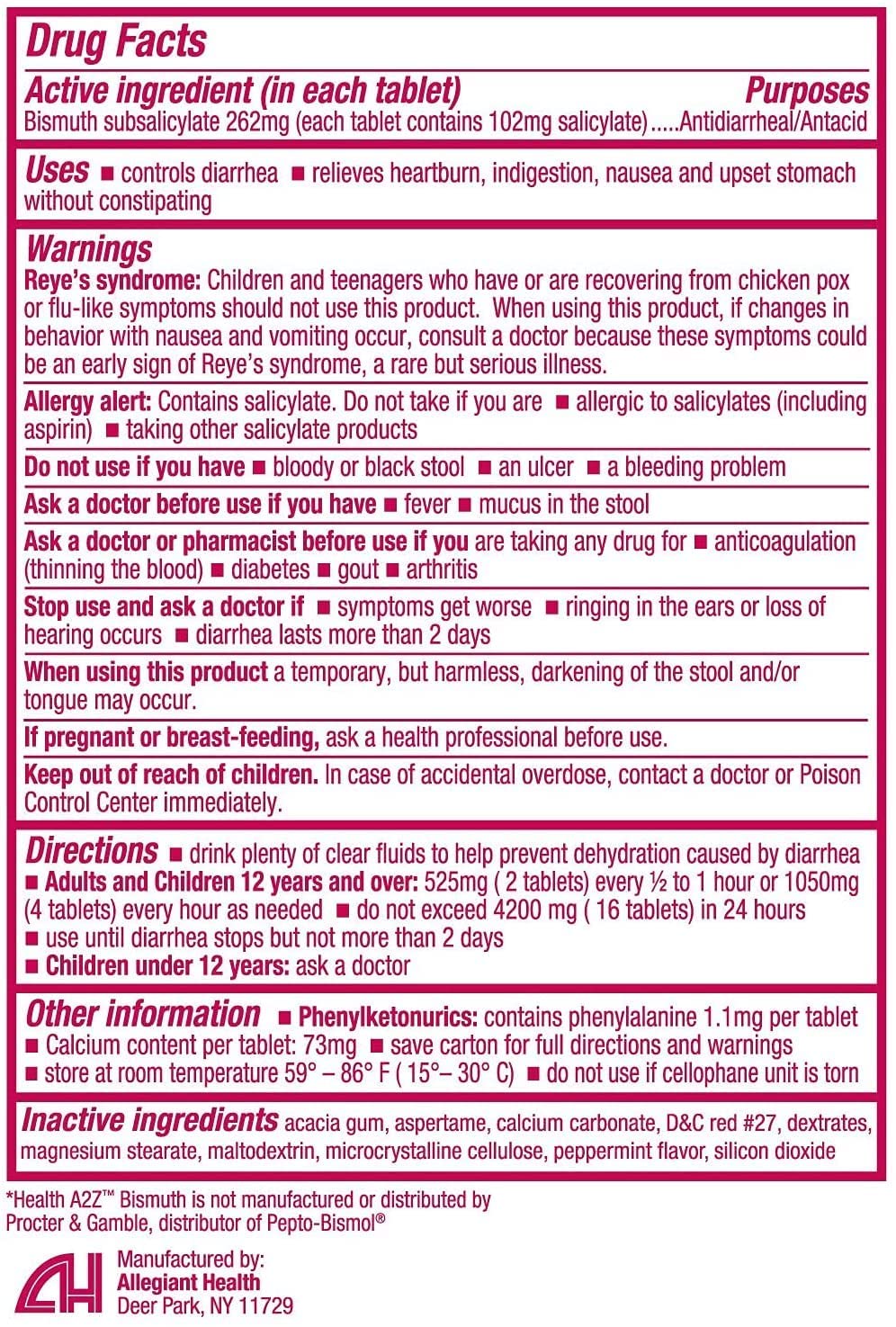 HealthA2Z Bismuth relieves diarrhea and heartburn symptoms on the go.