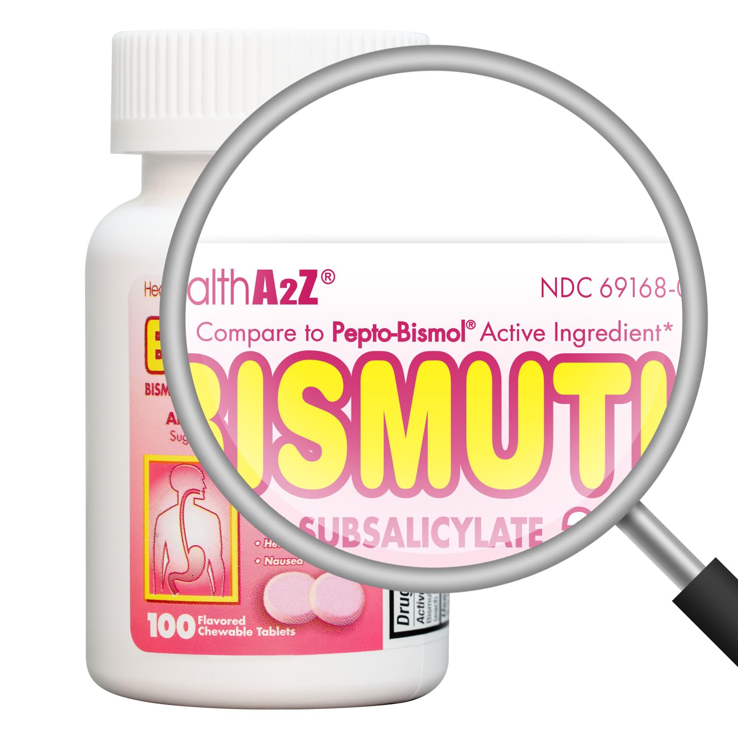 HealthA2Z bismuth-subsalicylate-262mg image shows chewable dose for on-the-go support.