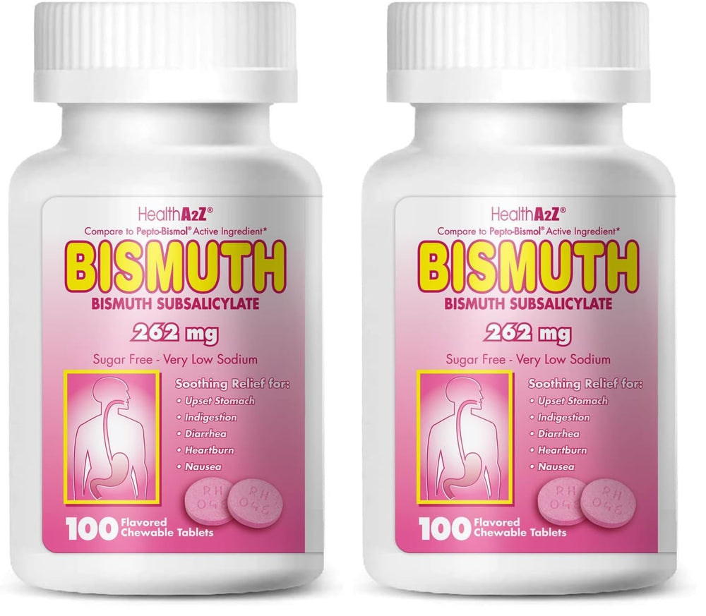 HealthA2Z bismuth tablet close-up for on-the-go digestive comfort.