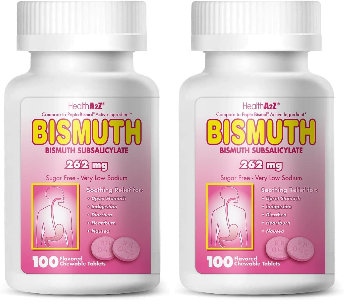 HealthA2Z bismuth tablet close-up for on-the-go digestive comfort.
