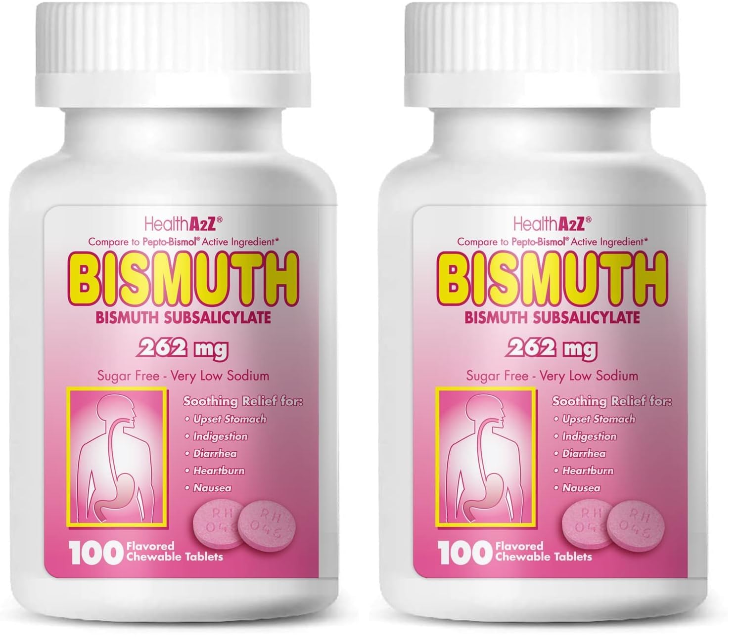 HealthA2Z bismuth tablet close-up for on-the-go digestive comfort.
