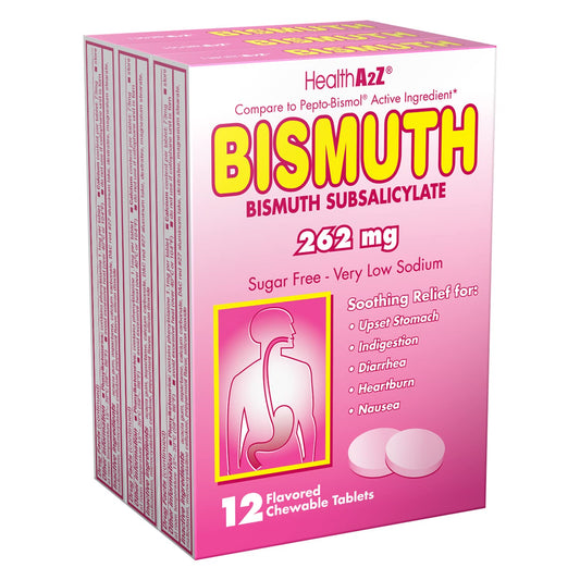 HealthA2Z Bismuth tablets 3-pack for on-the-go digestive relief.