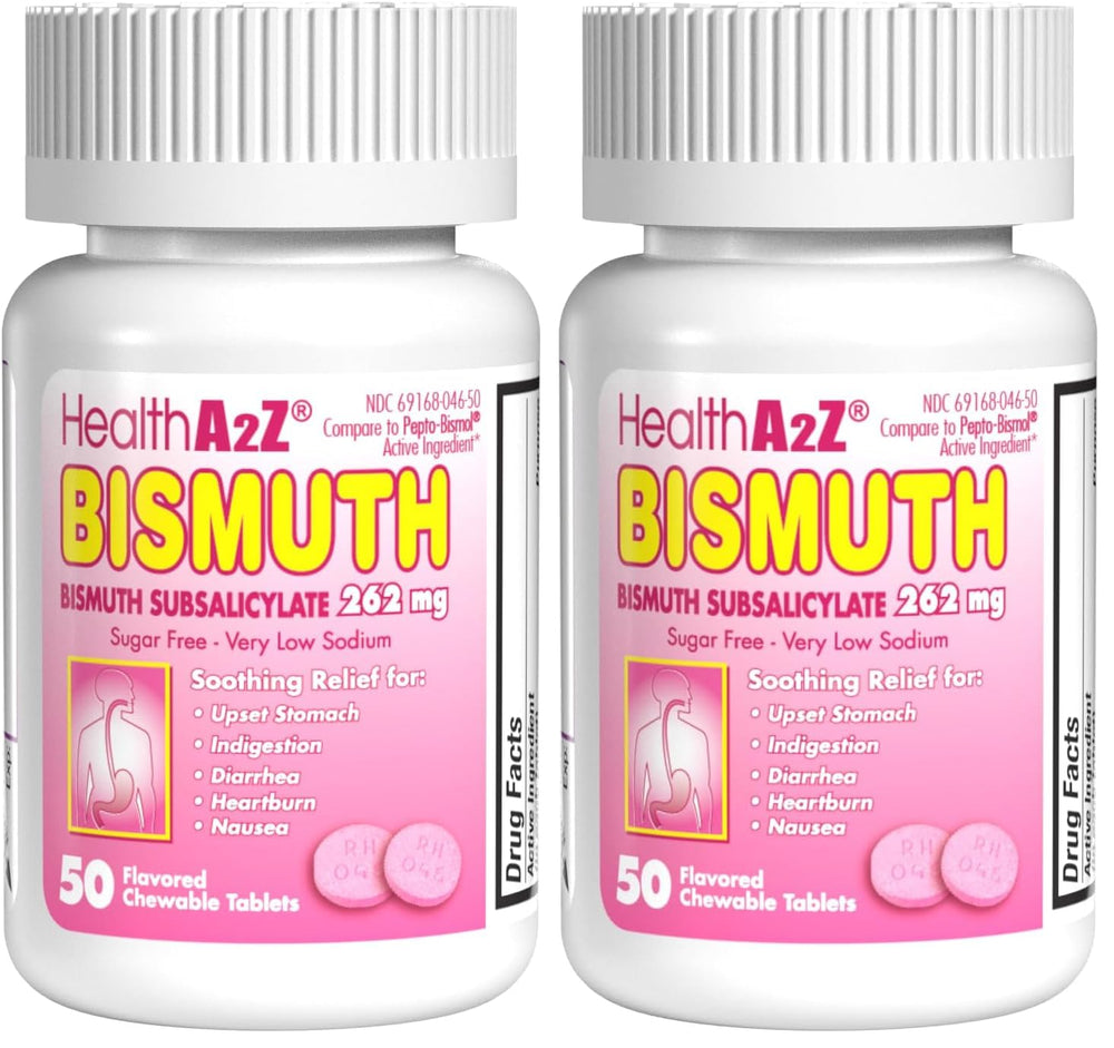 HealthA2Z bismuth tablets close-up for on-the-go digestive support.