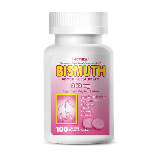 HealthA2Z Bismuth tablets packaging for on-the-go relief