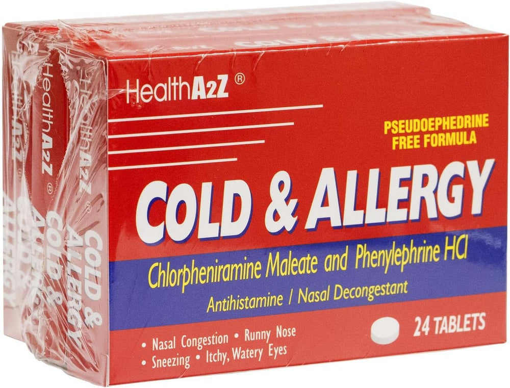 HealthA2Z Cold & Allergy tablets closeup highlights compact, travel-friendly relief