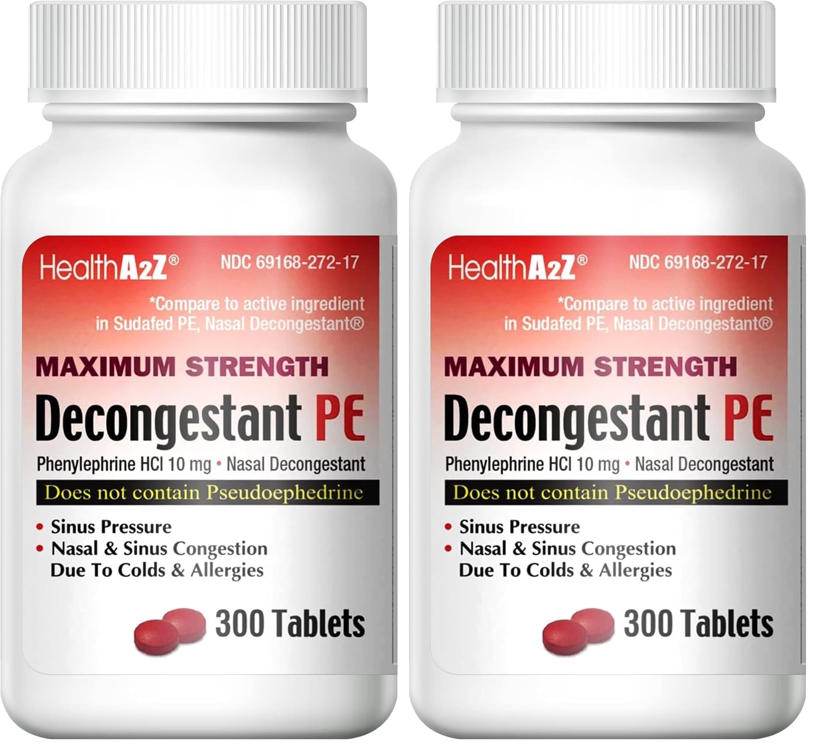 HealthA2Z Decongestant PE bottle front highlights maximum strength relief for nasal congestion