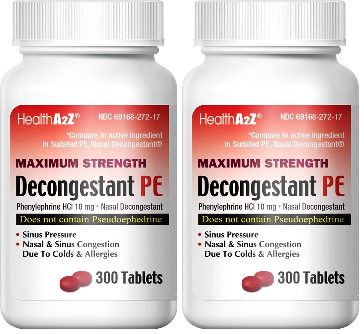 HealthA2Z Decongestant PE bottle front highlights maximum strength relief for nasal congestion