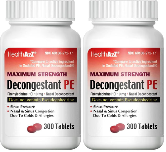 HealthA2Z Decongestant PE bottle front highlights maximum strength relief for nasal congestion