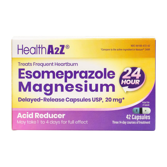 HealthA2Z Esomeprazole 20mg capsules bottle demonstrates a convenient daily heartburn relief option
