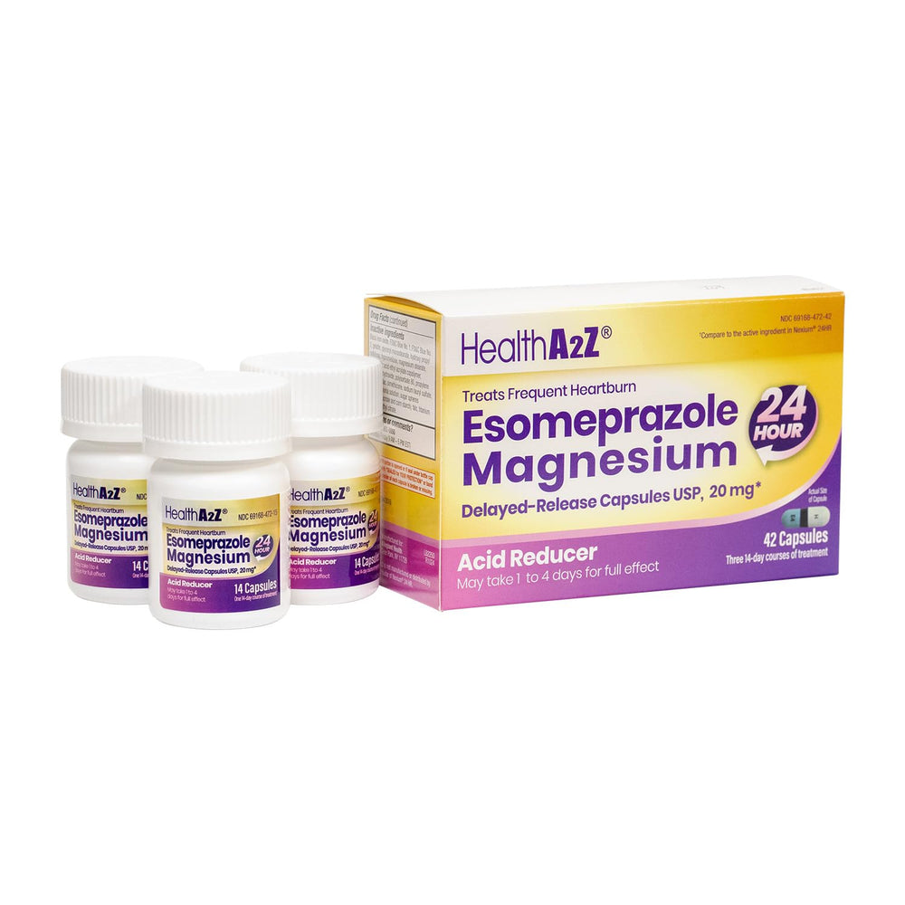 HealthA2Z Esomeprazole 24-hour coverage image highlights long-lasting acid protection