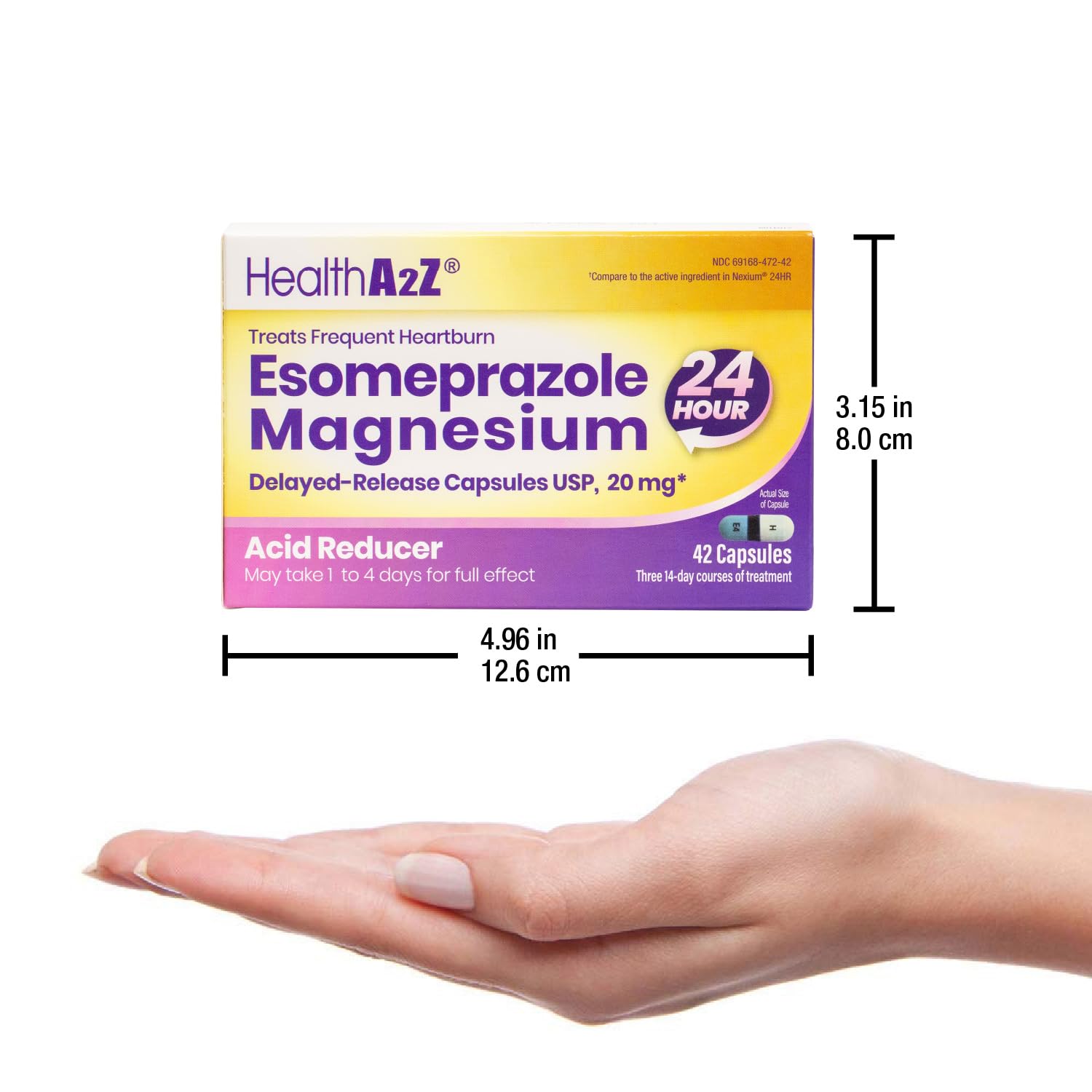 HealthA2Z Esomeprazole bottle-closeup shot highlights clear dosing instructions
