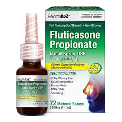 HealthA2Z Fluticasone nasal spray bottle shows compact packaging for 24-hour allergy relief