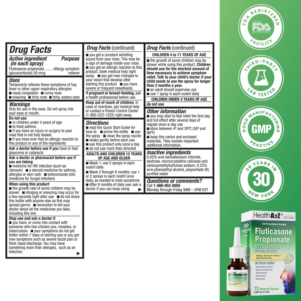 HealthA2Z Fluticasone nasal spray box and bottle with clear daily-use packaging for relief