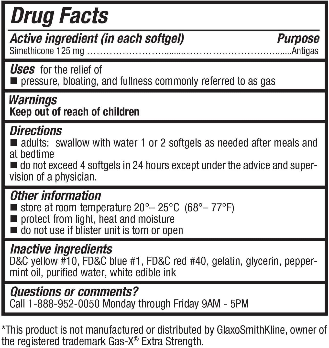 HealthA2Z Gas Relief Softgels bottle label showing 125mg simethicone