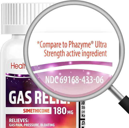 HealthA2Z Gas Relief softgels bottle shows easy-to-use relief on the go