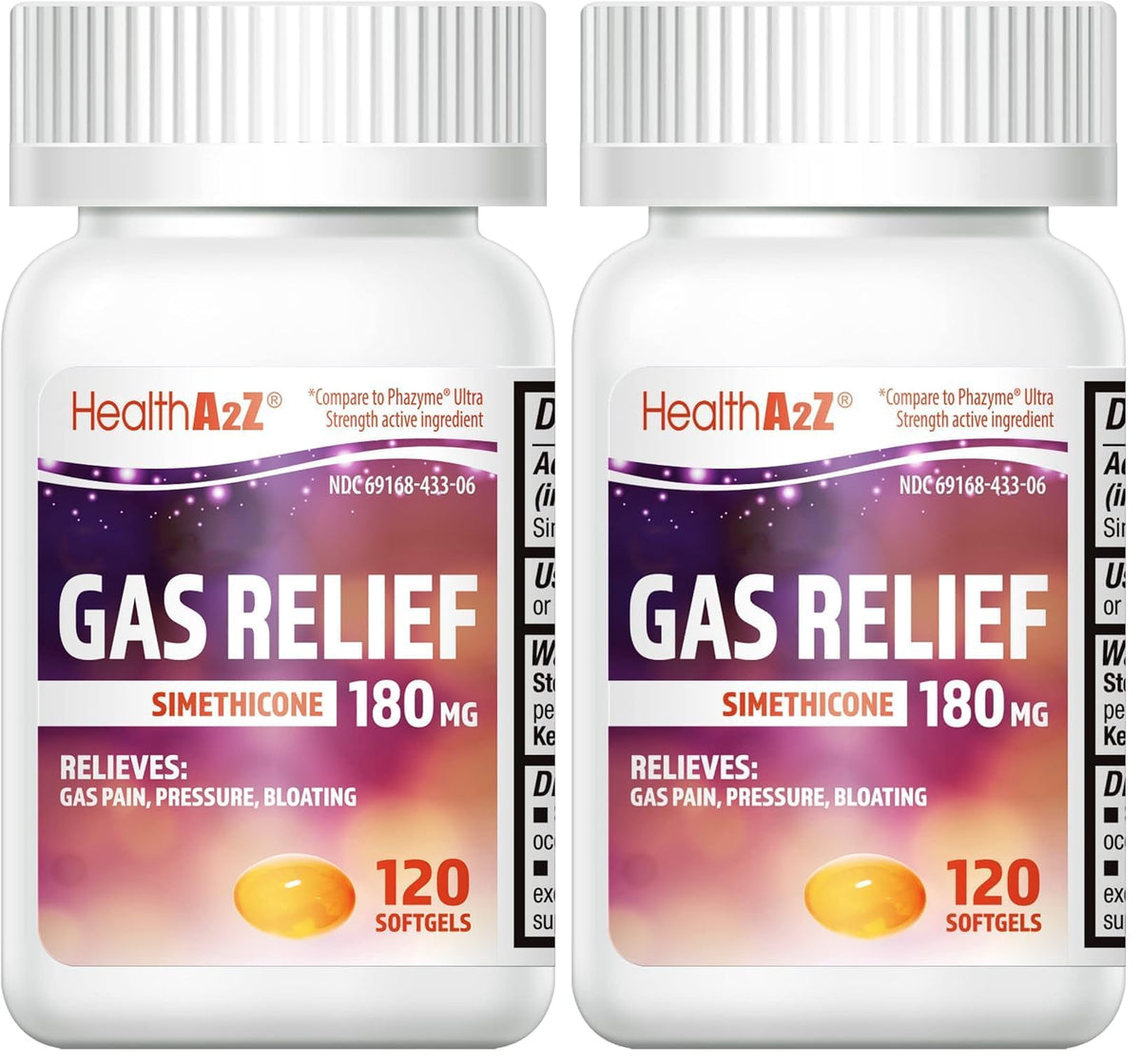HealthA2Z Gas Relief softgels bottle shows portable stomach comfort on the go