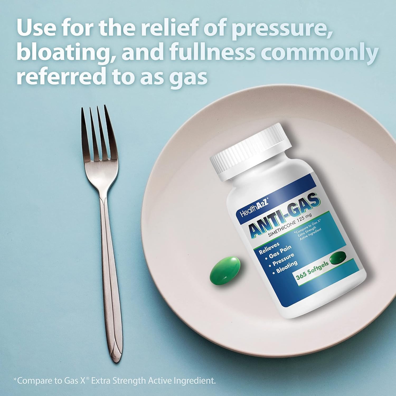 HealthA2Z Gas Relief Softgels closeup of smooth tablets for dosing