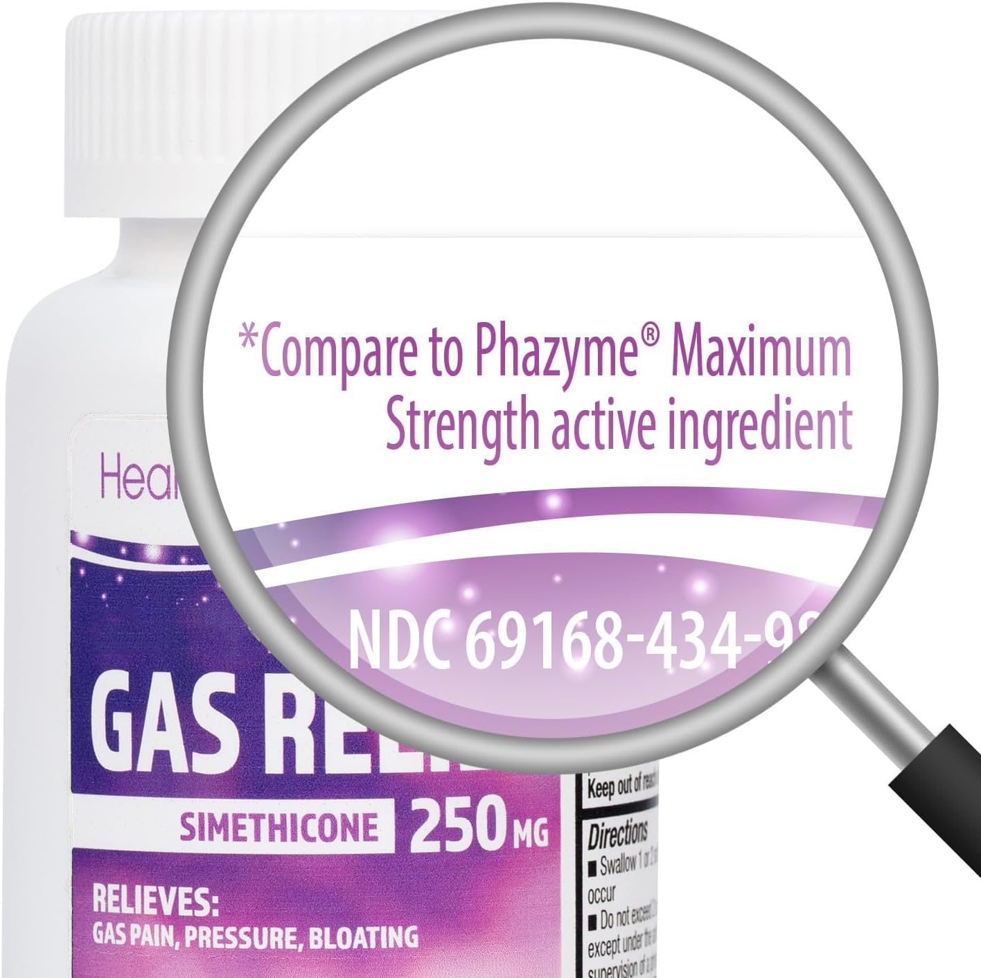 HealthA2Z Simethicone 250mg tablets close-up, smooth swallow for quick gas relief.