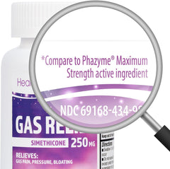 HealthA2Z Simethicone 250mg tablets close-up, smooth swallow for quick gas relief.