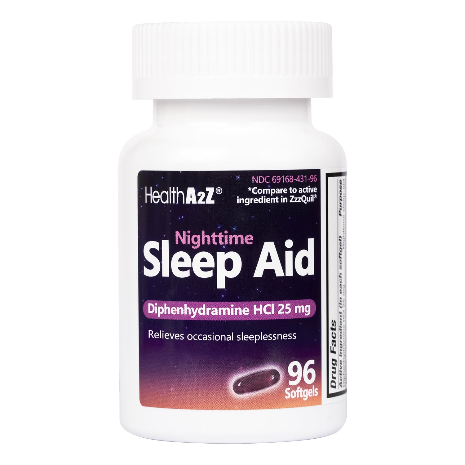 HealthA2Z Sleep Aid bottle label clearly shows dosage for easy bedtime use.