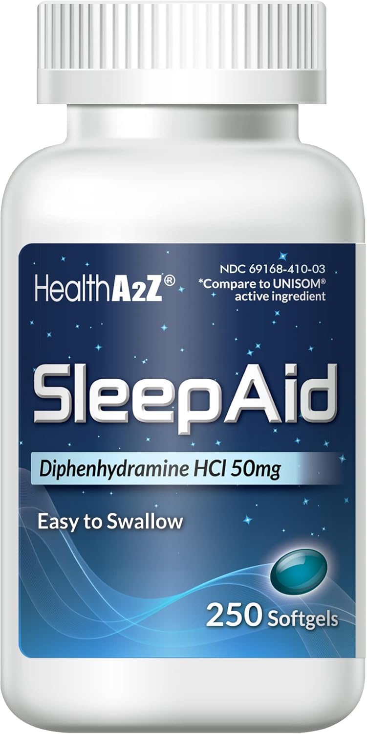 HealthA2Z Sleep Aid bottle label shows 50 mg diphenhydramine for occasional sleeplessness