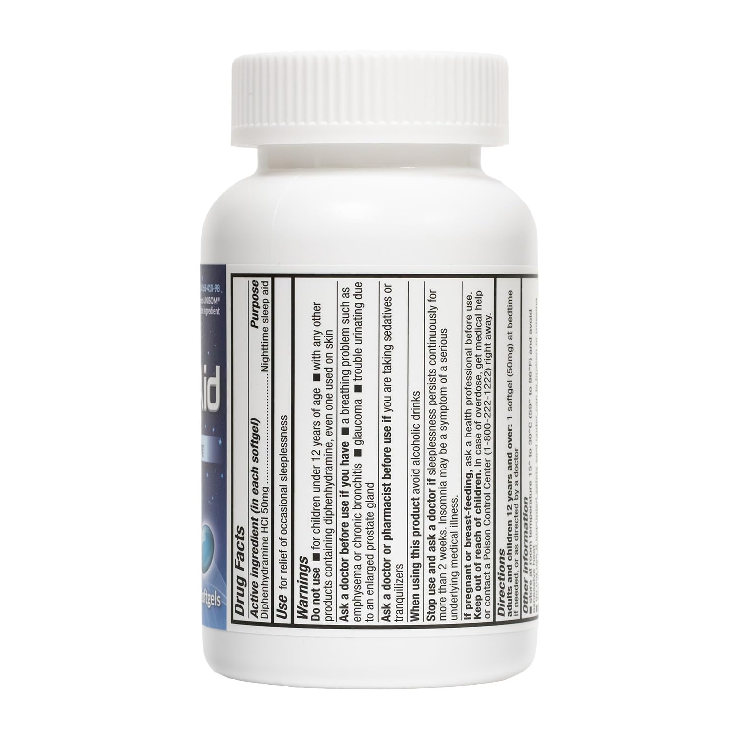 HealthA2Z Sleep Aid label graphic with Diphenhydramine 50 mg per softgel